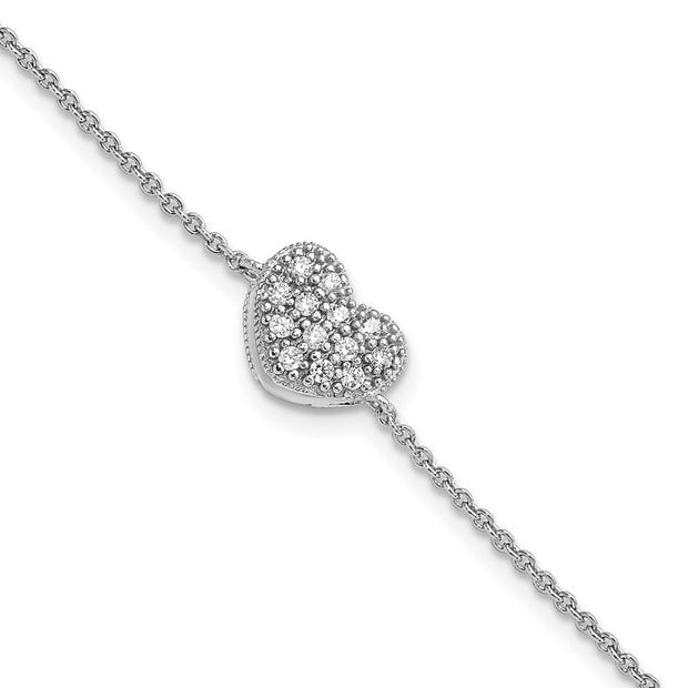 Sterling Silver Rhodium-plated CZ w/1in ext Heart Bracelet