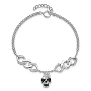 Sterling Silver RH CZ Enamel Skull w/Flower 6.5in w/1in ext Bracelet