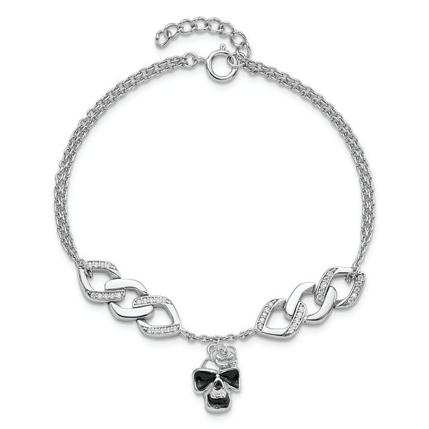 Sterling Silver RH CZ Enamel Skull w/Flower 6.5in w/1in ext Bracelet