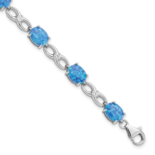 Sterling Silver Rhodium-plated Polished Blue Created Opal & CZ Bracelet