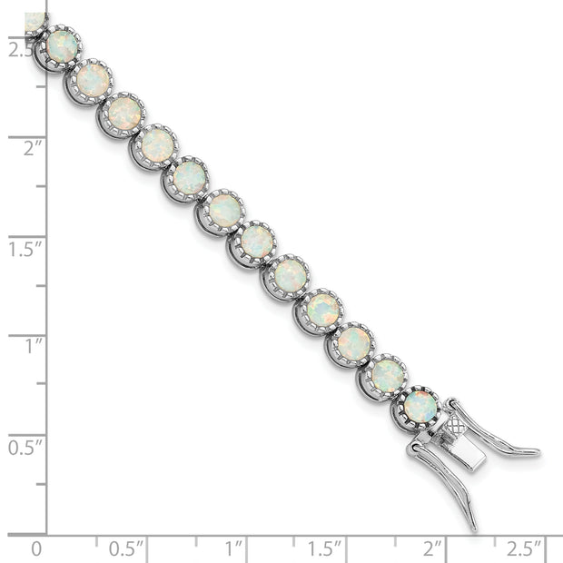 Sterling Silver Rhodium-plated Beaded White Created Opal Inlay Bracelet