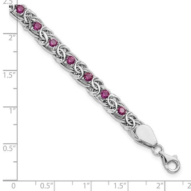 Sterling Silver Rhodium-plated Dark Pink Glass Flat Link 7.5in Bracelet