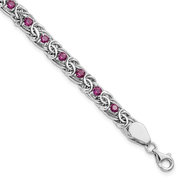Sterling Silver Rhodium-plated Dark Pink Glass Flat Link 7.5in Bracelet