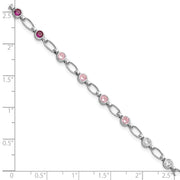 Sterling Silver Rhodium-plated Polished Red Pink Clear CZ Bracelet
