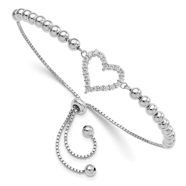 Sterling Silver Rhodium-plated Beaded CZ Heart Adjustable Bracelet