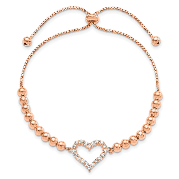 Sterling Silver Rose-tone Beaded CZ Heart Adjustable Bracelet