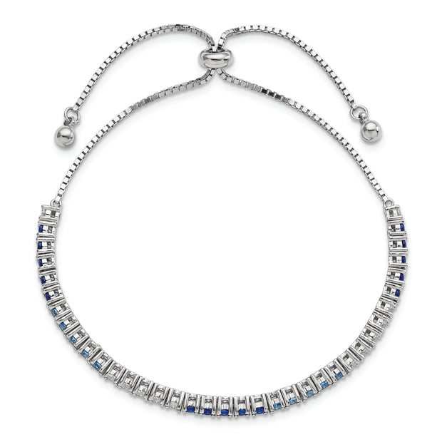 Sterling Silver Rhodium Created Blue Spinel & CZ Adjustable Bracelet