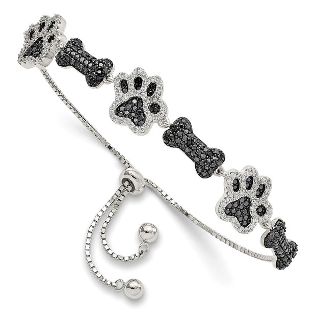 Sterling Silver Rhodium-plated CZ Paw Print & Dog Bone Adj Bracelet