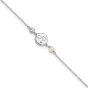 Sterling Silver Rhodium-plated CZ FW Cultured Pearl w/ Hearts Bracelet