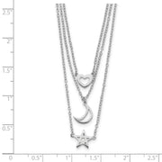 Sterling Silver Rhodium-plated Heart, Moon, Star w/2 in ext. Necklace