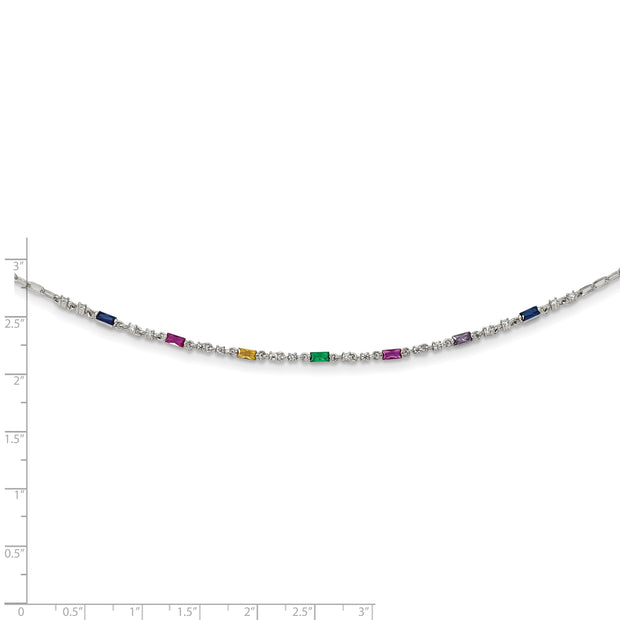 Sterling Silver Rhodium-plated Polished Multi-color CZ w/ 2 IN EXT Choker