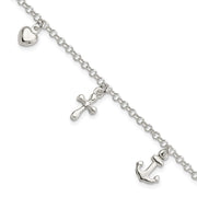 Sterling Silver Cross, Anchor, Heart Bracelet