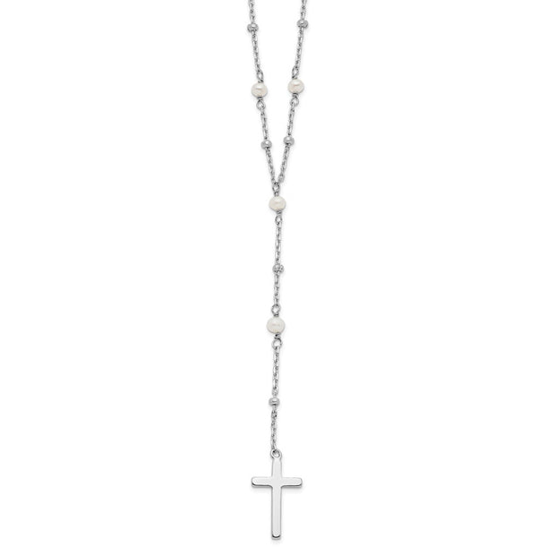 Sterling Silver Rhodium-plated Beaded FWC Pearl Cross w/2 in ext. Necklace