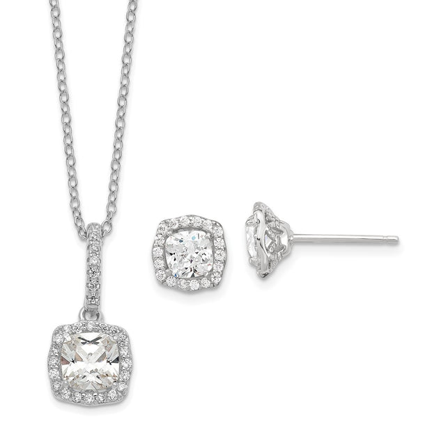 Sterling Silver Polished Rhodium-plated CZ 18in Necklace/Post Earrings Set