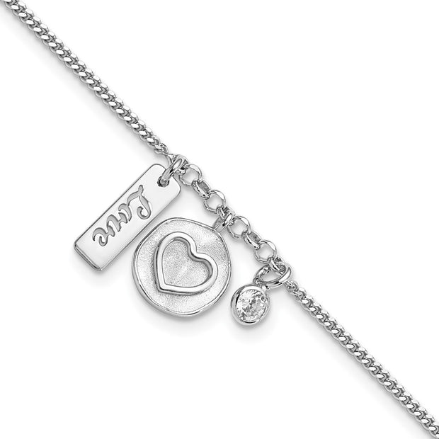 Sterling Silver Rhodium-plated Satin Heart Love CZ with .5in Ext Bracelet