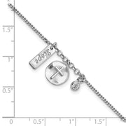 Sterling Silver Rhodium-plated Satin Cross Hope CZ with .5in Ext Bracelet