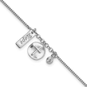 Sterling Silver Rhodium-plated Satin Cross Hope CZ with .5in Ext Bracelet