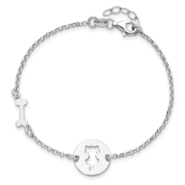 Sterling Silver Rhodium-plated Puppy and Bone w/.5 in Ext Bracelet