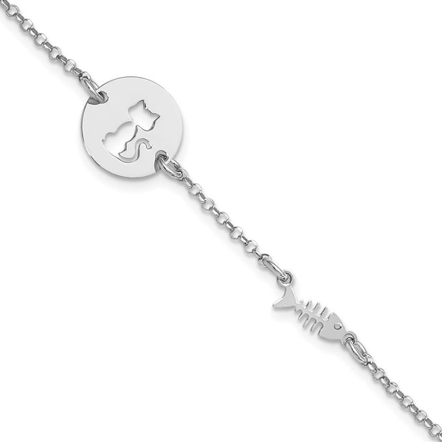 Sterling Silver Rhodium-plated Kitty and Fish w/.5 in Ext Bracelet
