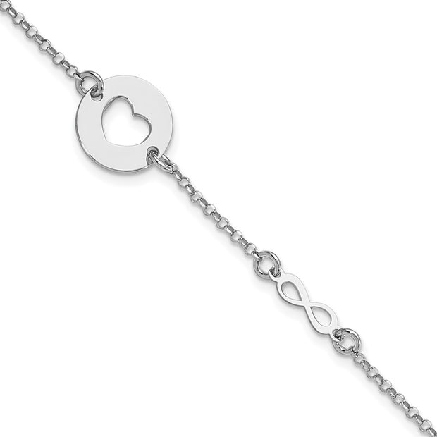 Sterling Silver Rhodium-plated Heart and Infinity w/.5 in Ext Bracelet