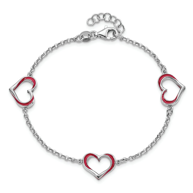 Sterling Silver Rhodium-plated Red Enamel 3-Heart w/.5 in Ext Bracelet