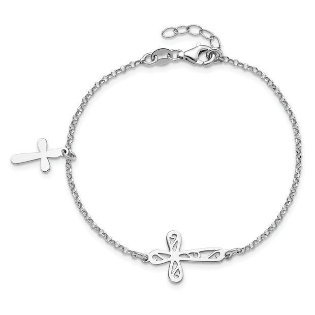 Sterling Silver Rhodium-plated 2-Cross w/.5 in Ext Bracelet