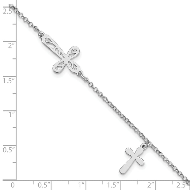 Sterling Silver Rhodium-plated 2-Cross w/.5 in Ext Bracelet