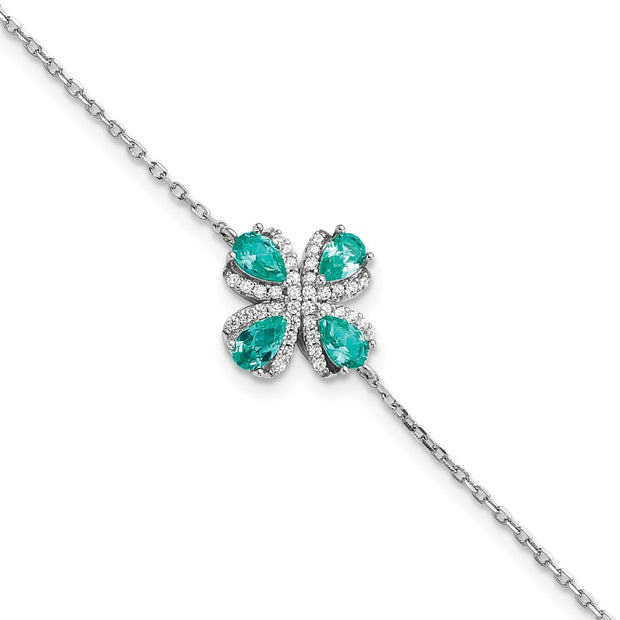 Sterling Silver Rhodium plated Teal & White CZ w/1IN EXT Bracelet