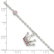 Sterling Silver Pink CZ & Enameled Princess Crown Children's Bracelet