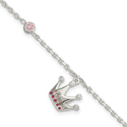 Sterling Silver Pink CZ & Enameled Princess Crown Children's Bracelet