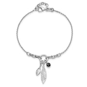 Sterling Silver Rhodium-plated Feather and CZ w/.5 in Ext Bracelet