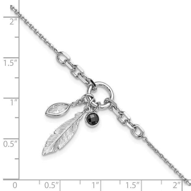 Sterling Silver Rhodium-plated Feather and CZ w/.5 in Ext Bracelet