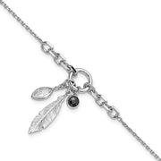 Sterling Silver Rhodium-plated Feather and CZ w/.5 in Ext Bracelet