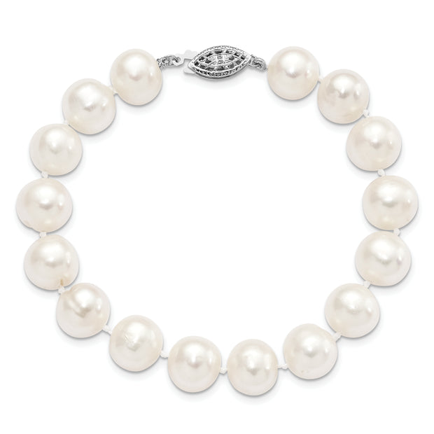 Sterling Silver Rhodium-plated 10-11mm White FW Cultured Pearl Bracelet