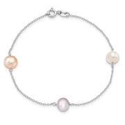 Sterling Silver Rh-p 3-stat 7-8m Wht/Pink/Pur Semi-round FWC Pearl Bracelet