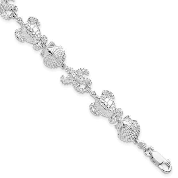 Sterling Silver Rhodium-plated Polished Turtle,Shell,Starfish Bracelet