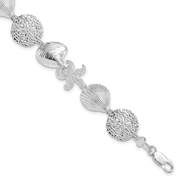 Sterling Silver Rhodium-plated Polished Turtle,Shell,Starfish,Clam Bracelet