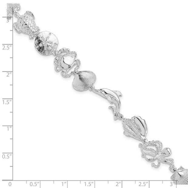 Sterling Silver Rhodium-plated Polished Multi-Shell and Sealife Bracelet