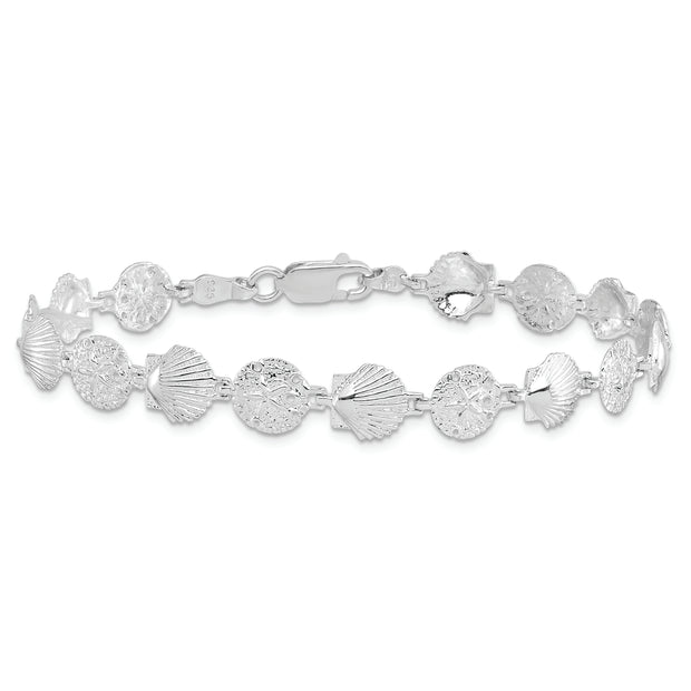 Sterling Silver Rhodium-plated Polished Sand Dollar and Shell Bracelet