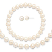 Sterling Silver Rh-p 7-8mm White FWC Pearl Earring Bracelet Necklace Set