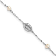 Sterling Silver Rhodium-plated Cowrie Shell & Semi-round FWC Pearl Bracelet