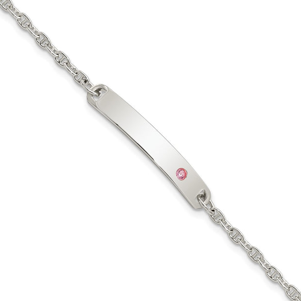 Sterling Silver Polished Childrens ID with Pink CZ Bracelet