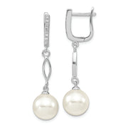 Sterling Silver Majestik Rh-pl 10-11mm Wht Imit. Shell Pearl CZ Hoop Earrin