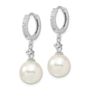 Sterling Silver Majestik Rh-pl 10-11mm Wht Imit. Shell Pearl CZ Hoop Earrin