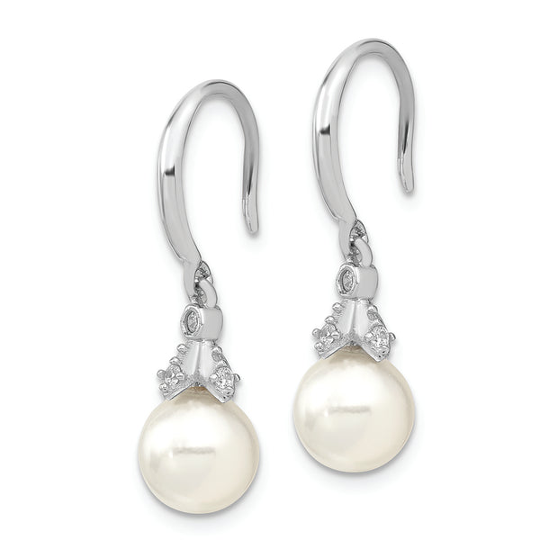 Sterling Silver Majestik Rh-pl 8-9mm Wht Imit. Shell Pearl CZ Drop Earrings