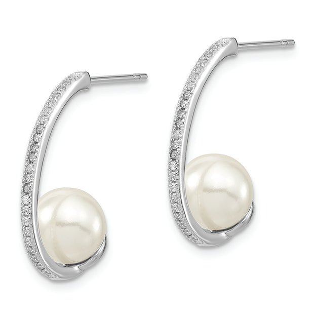 Sterling Silver Majestik Rh-pl 8-9mm Wht Imit. Shell Pearl CZ J-Hoop Earrin