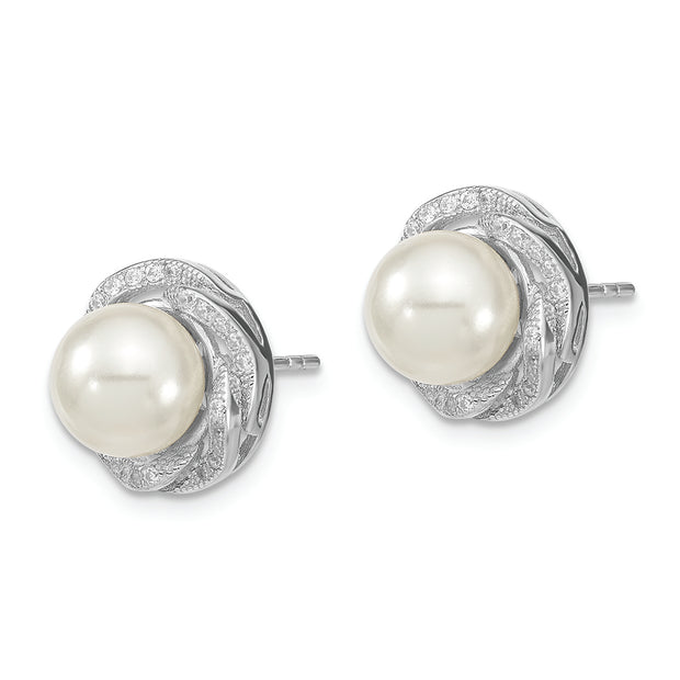 Sterling Silver Majestik Rh-pl 8-9mm White Imit. Shell Pearl CZ Earrings