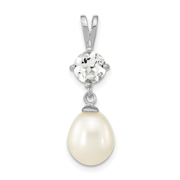 Sterling Silver Rhod-plated White Topaz 8-10mm Teardrop FWC Pearl Pendant