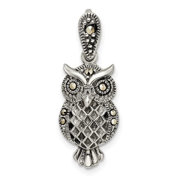 Sterling Silver Antiqued Marcasite Owl Pendant