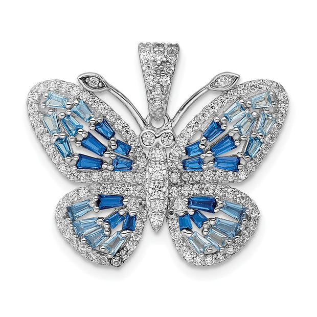 Sterling Silver Rhodium-plated Polished Blue & White CZ Butterfly Pendant